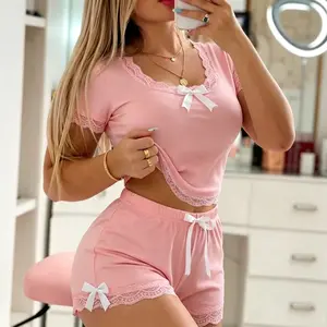 Women's 2-Piece Loungewear Set - Round Neck Short Sleeve Relaxed Fit Top with Large Bow Decoration, Side Split Drawstring Shorts, Homewear Pajamas