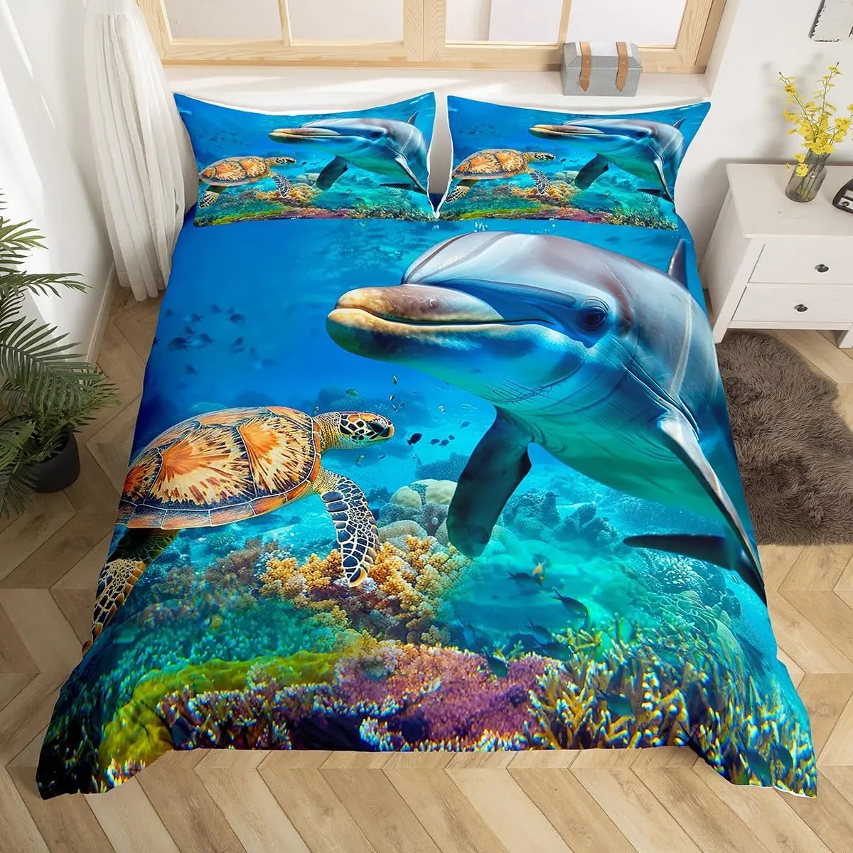 Feelyou Queen Size Duvet Cover - Cute Sea Turtle Ocean Themed Bedding, Hawaiian Bedspread, Underwater Animal Design (No Comforter Included)