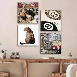 4-count wooden frame canvas, leopard print wild style light luxury four-panel decorative poster artwork, fashionable living room and bedroom decoration, exquisite family poster, corridor wall hanging painting, waterproof art