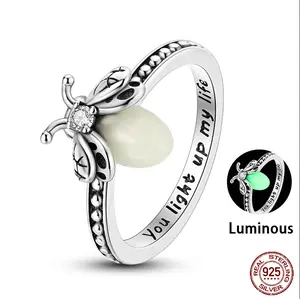Glow-in-the-Dark Firefly Ring 925 Sterling Silver, Luminous Glow Stone, Clear Accent, "You light up my life" Engraving For Nature Lovers, Romantic Jewelry & Daily Wear Silver