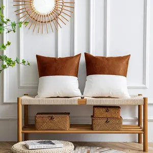 DAVINRICH Faux Leather-Cotton Throw Pillow Covers Set of 2, 18x18 in Cognac Brown & White, Durable Easy-Care Modern Farmhouse Home Decor Accessories