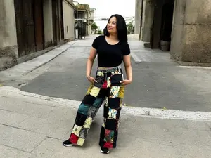 Handmade Patchwork Bohemian Cotton Yoga Print Patchwork Pants Harem Trousers Recycled Cotton with Denim Unisex Pants