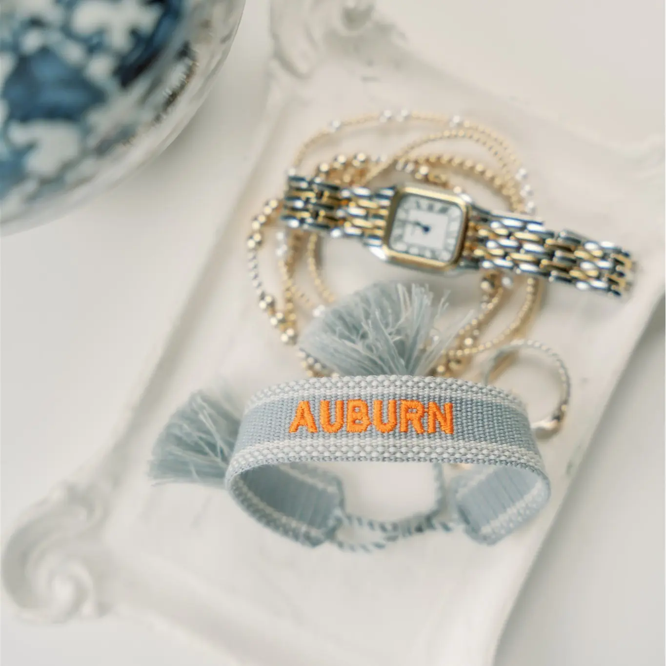 Navy and Blue Embroidered Woven Bracelet - Elegant Design with Natural Fiber Material, Perfect for Everyday Wear