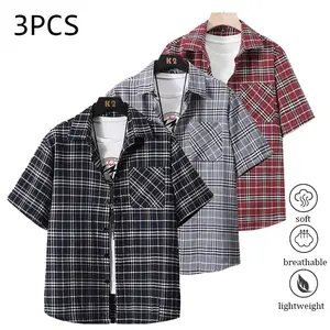3-pack summer short-sleeve shirts: lightweight and breathable; plaid shirts are suitable for beach vacations, pool parties, and everyday casual wear; striped Western-style collared shirts. Wrinkle-free, four-way stretch, quick-dry men’s polo set Menswear