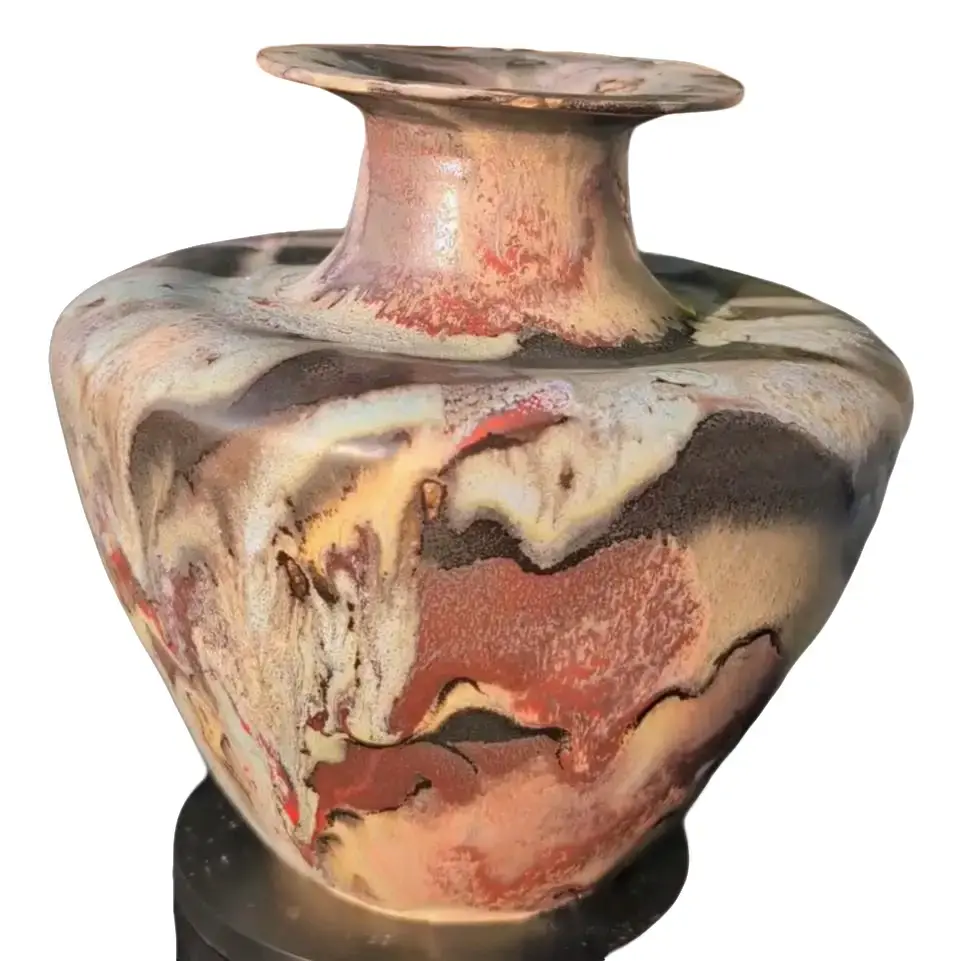 Resurrection Vase I - Handmade 10-Inch Ceramic Vase with Unique Curved Shape, Multi Color Zebra Glaze, and Innovative Glazing Technique