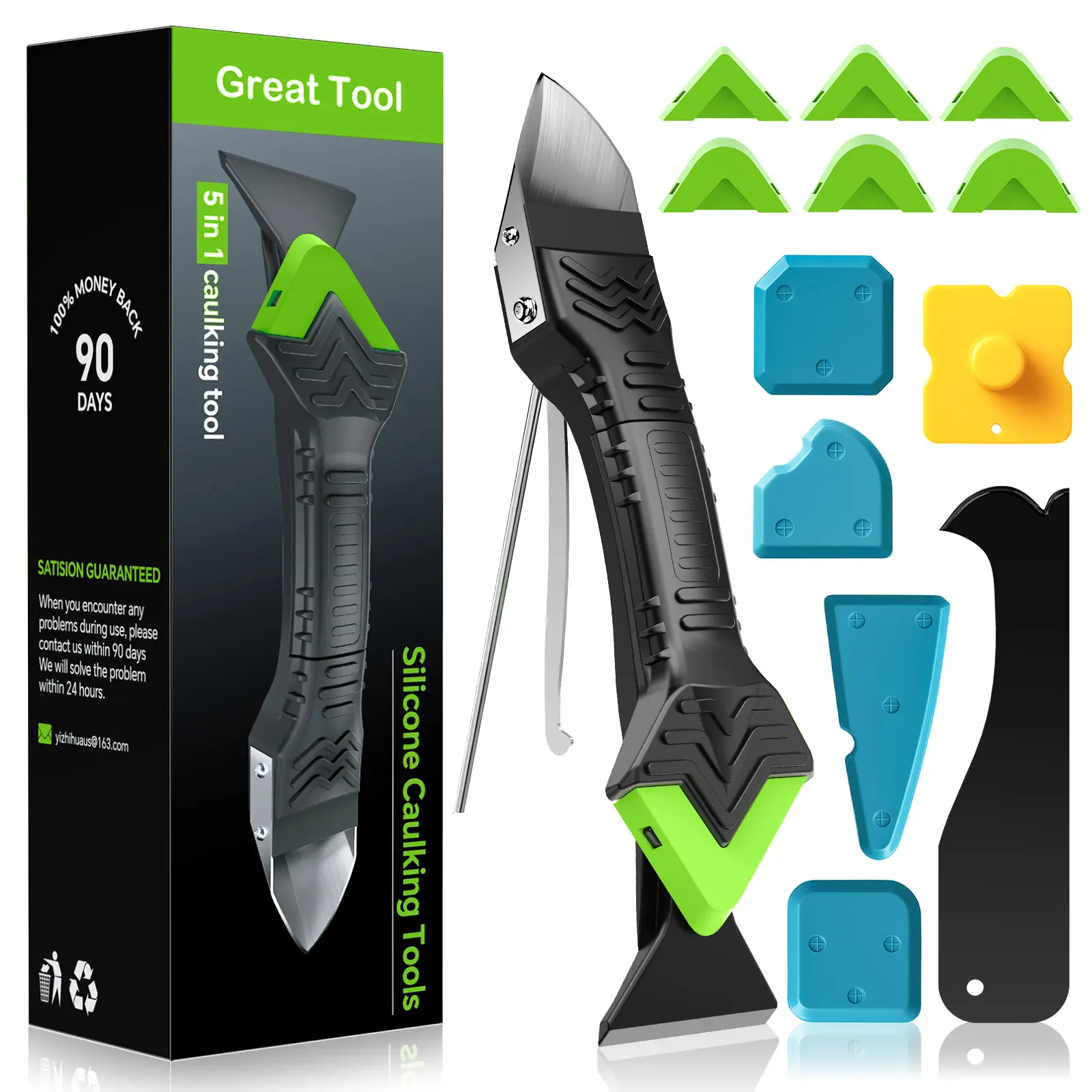Caulking Tool 5 in 1 Silicone Caulking Grout Removal Sealant Finishing Tool with 6 Exchange Silicone Pads & Adhesive Residue Scraper for Kitchen Bathroom Scraping Sealing