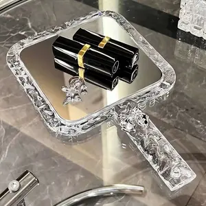 Transparent Handheld Makeup Mirror with Water Ripple Texture, Portable & Shatter-Resistant, High-Definition Double-Sided (1x/5x), Round & Square Shapes, Foldable Makeup Mirror