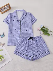 Women's Sleepwear Set, Cherry Plaid Print Collared Short Sleeve Shorts, Comfortable Elegant Design, Female Cozy Nightwear