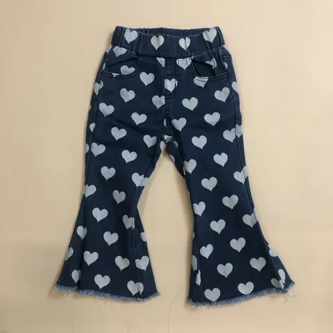 Girls' High-Waist Denim Jeans - Stretchy Cotton Bell Bottoms with Cute Hearts Pattern, Sweet Valentine Styling, All Seasons, TTS Fit, 6-12M to 14-16T Kids' Bottoms