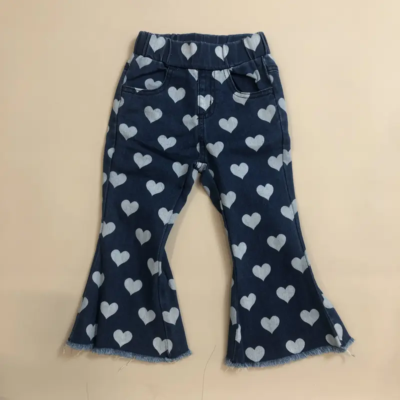 Girls' High-Waist Denim Jeans - Stretchy Cotton Bell Bottoms with Cute Hearts Pattern, Sweet Valentine Styling, All Seasons, TTS Fit, 6-12M to 14-16T Kids' Bottoms