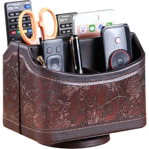 Leather 360?Rotatable Remote Control Holder,Nightstand TV Remote ,Office Supplies Desktop Organizer,Spinning Storage Box for Pen,Mail,Phone,DVD, Blu-Ray, Media Player, Heater Controllers