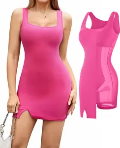Popilush Mini Cocktail Dresses for Women Built in Shapewear Bra 8 in 1 Square Neck Slit Summer Party Fit Womenswear