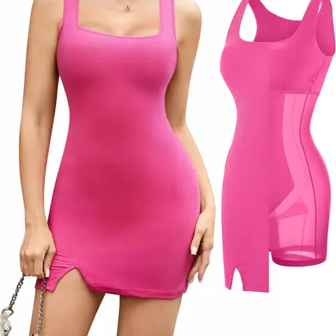 Popilush Women's 8-in-1 Mini Cocktail Dress with Built-in Shapewear Bra, Ribbed Stretchy Mesh Fabric, Comfortable Square Neck, Strap Design, Side Slit for Summer Parties