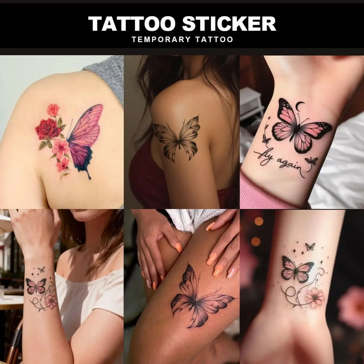 5Pcs Temporary Tattoo Watercolor Butterfly Rose Letter Series Fake Tattoo Stickers, 5 Sheets Pack, Semi-Permanent Durable Waterproof, Realistic Look For Women, Perfect For Daily Dating Party Body Art - Temporary Tattoos