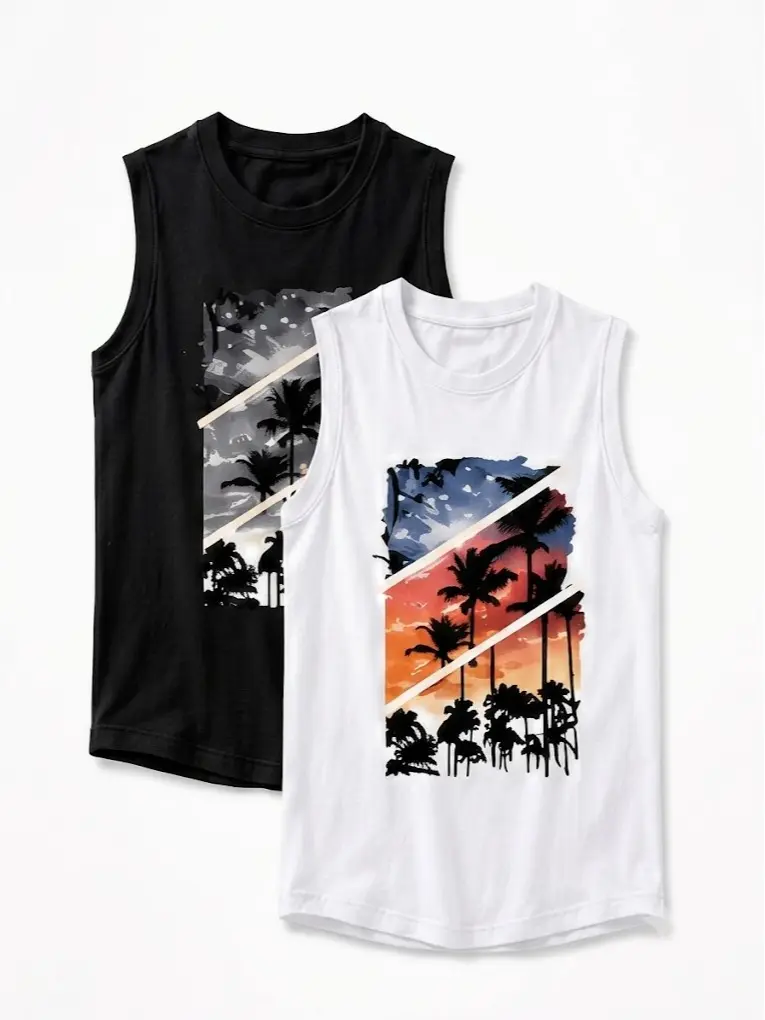 Men's Graphic Tank Tops 2 Pack, 100% Cotton Sleeveless Shirts, Summer Casual Beach Muscle Tee, Lightweight Breathable Workout Tops, Unisex Oversized Fit