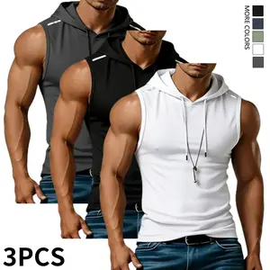 3-piece set men’s breathable drawstring hooded tank tops, stylish casual athletic hooded tank tops, suitable for summer activities, gym tops, running tank tops, sportswear,summervibes