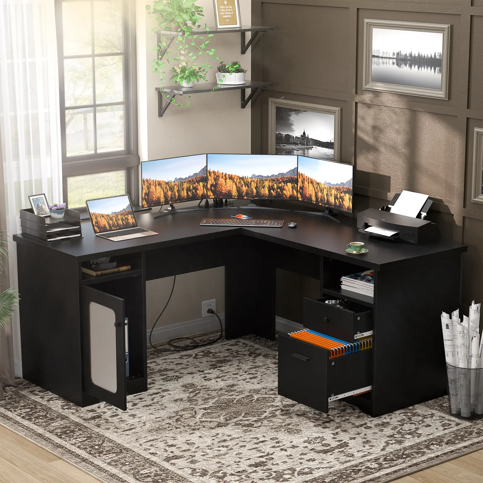 60'' W Modern Farmhouse L-Shape Desk with File Cabinet and Drawers, Heavy Duty Home Office Desk Executive Desk with Charge Station