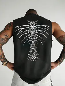 Men's Cyber Goth Skeleton Spine Graphic Muscle Tank Top - Aesthetic Metal Print Sleeveless Gym Shirt for Streetwear & Workout - Y2K Grunge Oversized Cut-off Tee Gym Athletic Clothes Gym Outfits Gym Tops