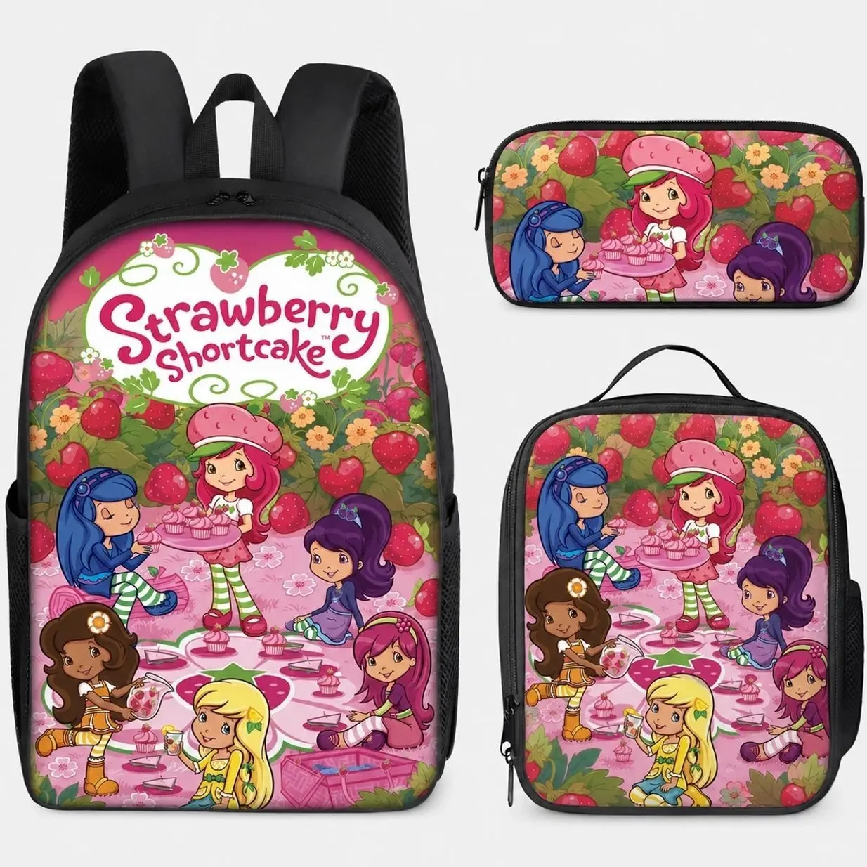 3 Pcs Sweet Strawberry Girl School Backpack Set | Cute Cartoon Bookbag Insulated Lunch Bag Pencil Case | Gift for Kids