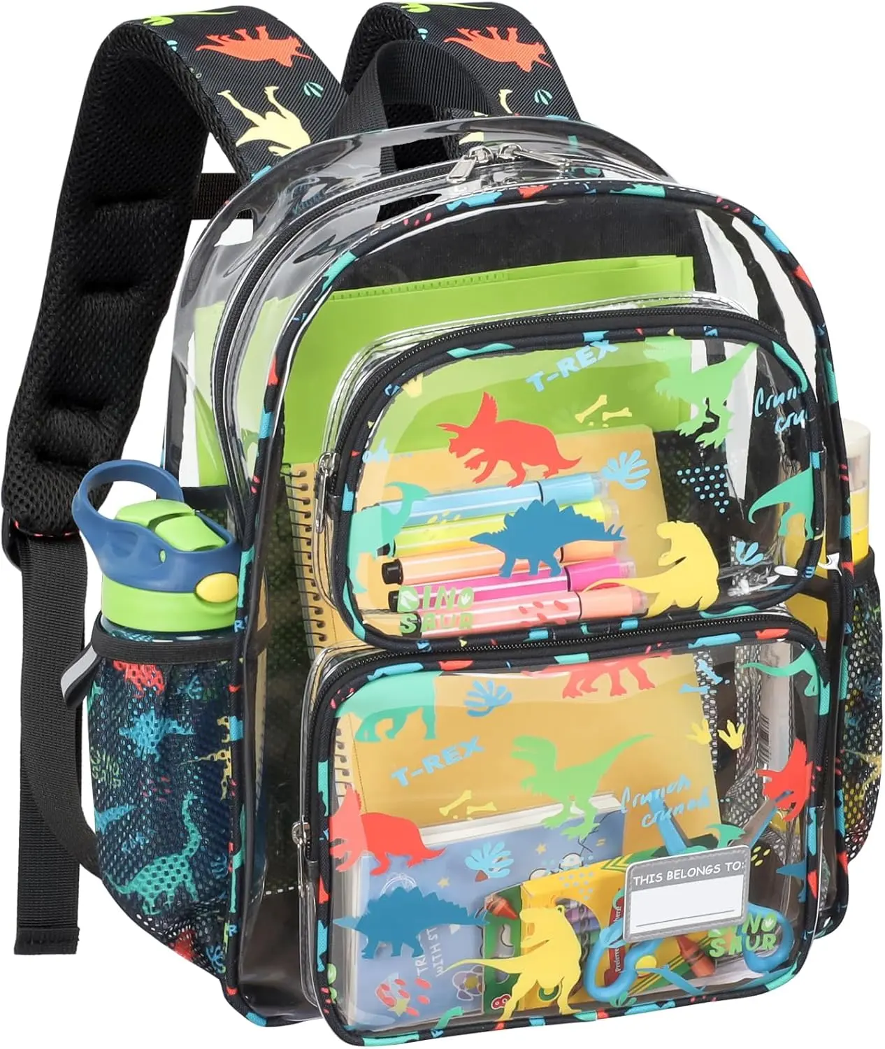 Bagseri Clear Backpack for Boys 15 Inch School Bookbag for Kids Ages 5-7 | Heavy Duty Kids Clear Backpack for Kindergarten and Elementary G1-G2, Fits Folder, Comfort Padded Straps, Blue Dinosaur