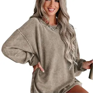 Cali Chic Women Sweatshirts Khaki Solid Ribbed Classic Casual Oversized Cozy Crewneck Long Sleeve