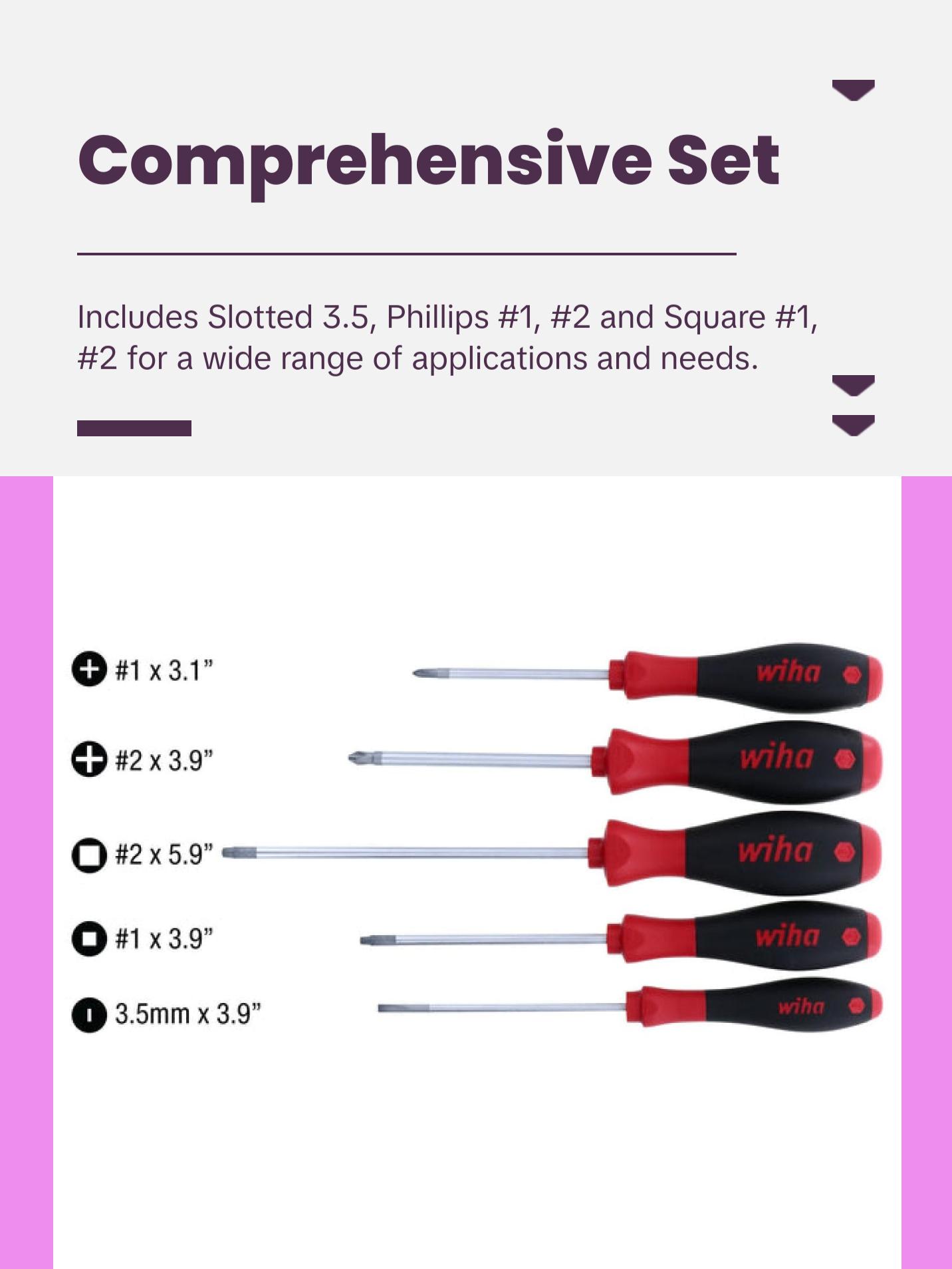 Wiha Tools 30286 5 Piece SoftFinish Slotted and Phillips and Square Screwdriver Set