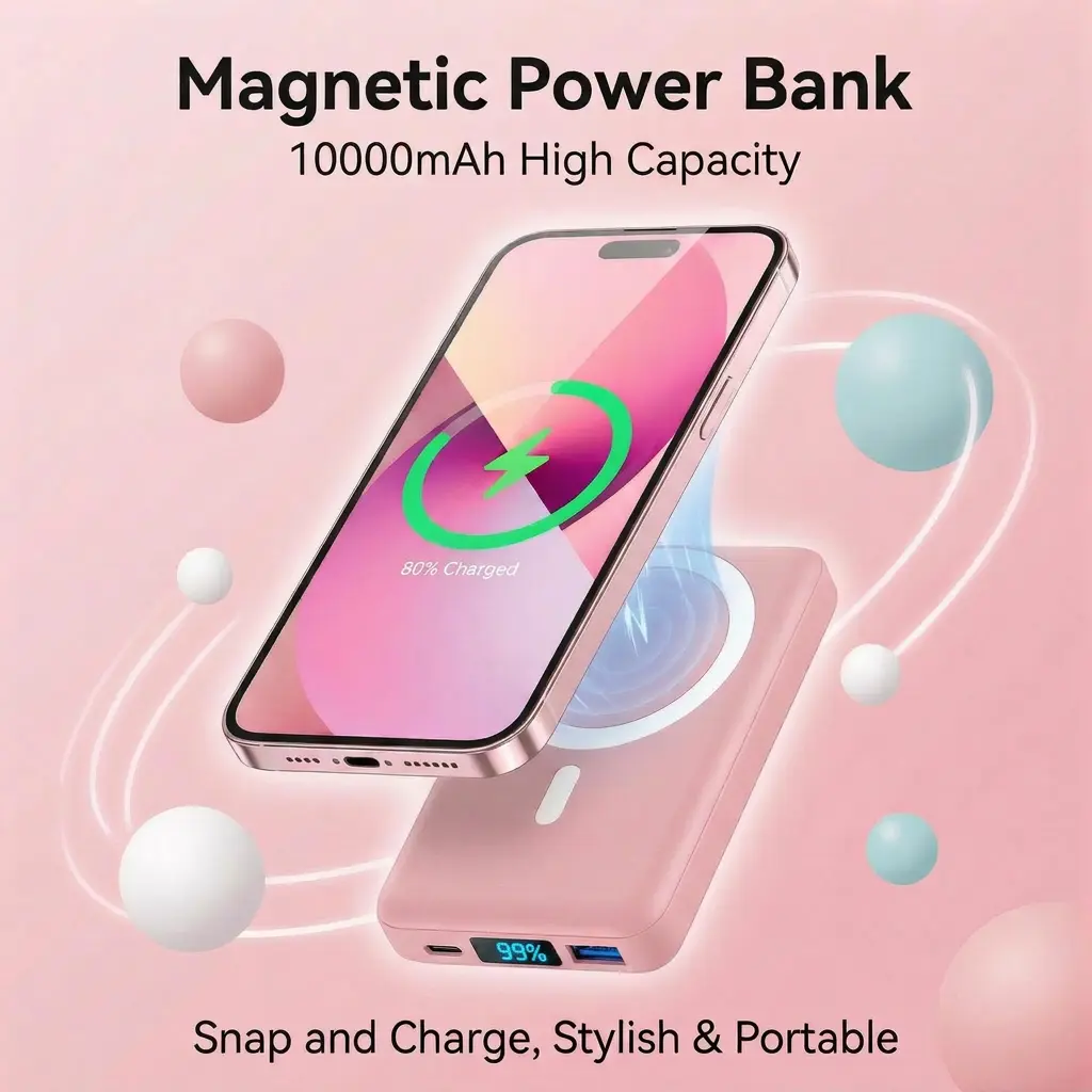 Podoru 10000mAh Magnetic Battery Power Bank - 15W Instant Wireless Charger, 22.5W PD Fast Charging, 3-in-1 Compact Mobile Accessories, USB-C Compatible for iPhone 17/16/15/14/13/12 Series (Blush Pink, Magnetic Phone Charger for Devices)