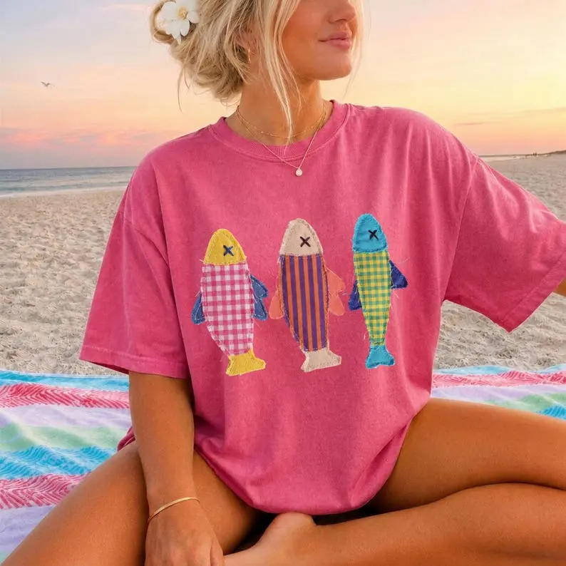 Comfort Colors Summer Fish shirt, Patchwork Quilted fis tee, Sardine Beach shirt, Vintage Aesthetic Tee. Cool Womens shirt. Summer Shirt.