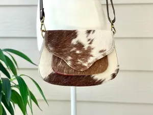 Western Cowhide Leather Crossbody Purse Bag Handbag Tan Brown Black Fur Real Cow Hide Print - Cowgirl Gifts