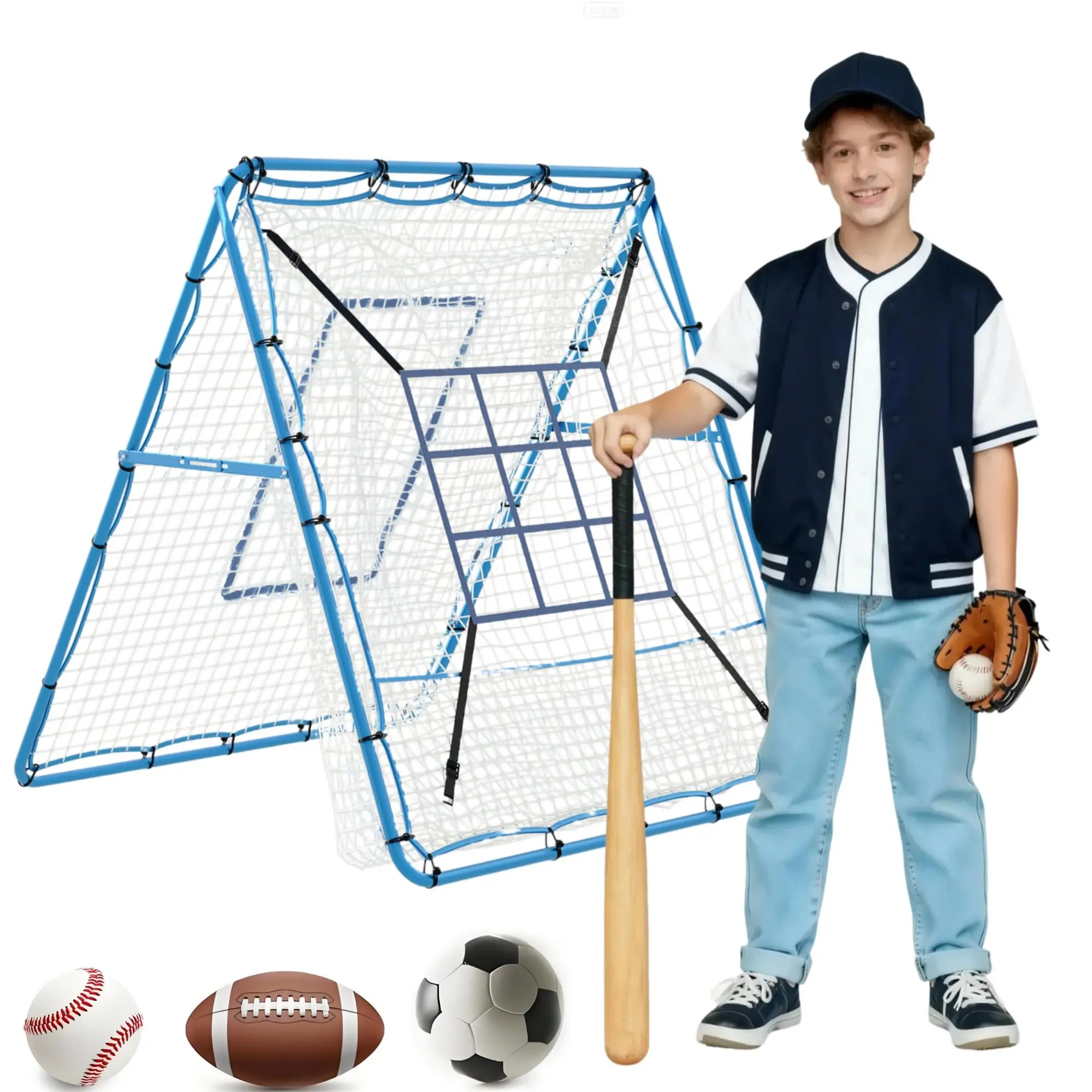 2-in-1 Baseball Pitching Rebounder Net, 5x4Ft with 9-Hole Design and Adjustable Angles, Zone Practice Trainer for Baseball Softball Backyard Training