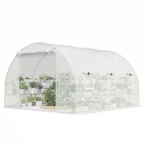 Portable Walk-in Tunnel Greenhouse 10‘ x 11’ x 6‘ with Mesh Windows & Doors, 4 Shelves for Plant Organization, 140gsm UV-Resistant PE Cover, Galvanized Steel Frame with Diagonal Supports, Great for Backyard Gardens and Patio Use