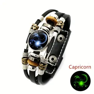 1pc Twelve Constellation Luminous Bracelet for Men And Women Couple Birthday Gift Multilayer Beaded Faux Leather Bracelet for Men