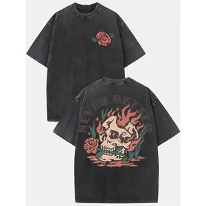 Unisex Never Better Turquoise Green Heavyweight  Vintage Washed T-Shirt - Distressed Streetwear Style With Double-Sided Flame Skull & Rose Gothic Print, Drop Shoulder Loose Fit, All-Season Casual Wear, Edgy Gothic Graphic Tee For Men, Gift