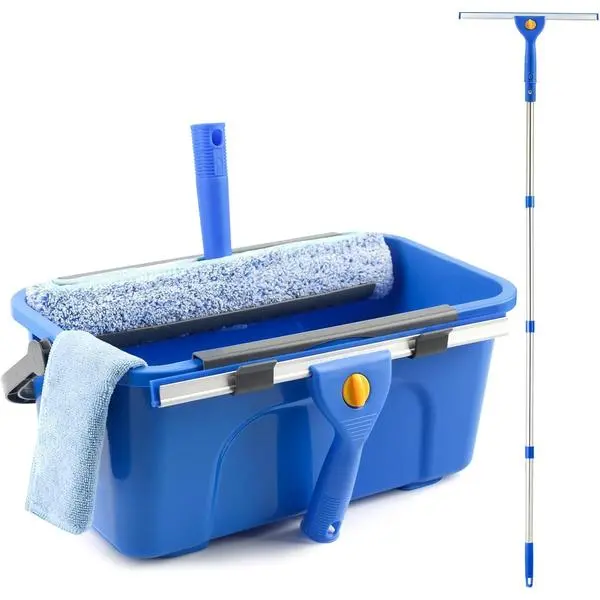 PIMEKOY Window Cleaning Kit with Bucket, Squeegee and Scrubber for Outdoor | Professional Window Washing kit, 61" High Window Squeegee & Scrubber, 3 Gal Bucket, Window Cleaner Tool for Home, Commercial campingessentials