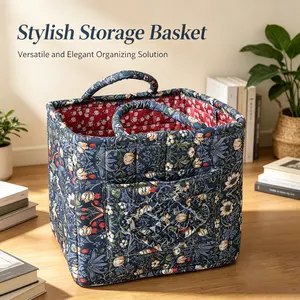 Dahuaofu Square Storage Basket, Quilted Retro Floral Design, Front Pocket & Carry Handle, Wear-Resistant, Fixed Shape, Versatile Organizer for Clothing and Miscellaneous Items, Available in Multiple Colors