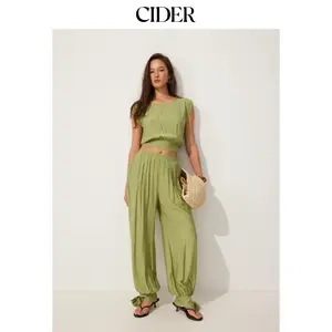 Cider Textured Boat Neck Cut Out Knotted Top & Mid Rise Jogger Pants Set