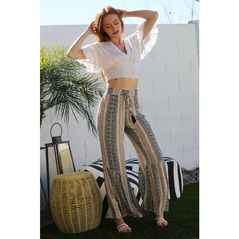 Angie Boho Print Striped Tasseled Pants - Ivory