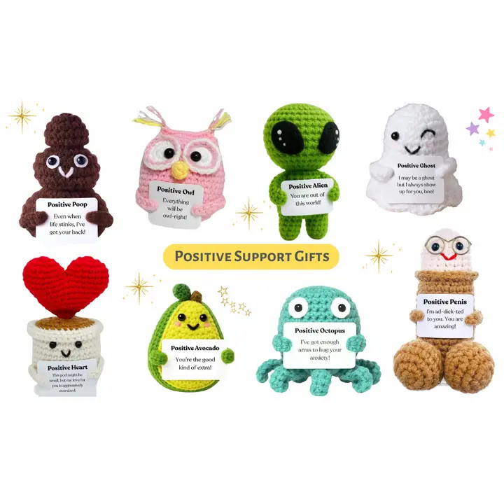 Handmade Positive Alien Crochet Doll Collectibles - 1 Set Playful Plushies with Plushie Love, Uplifting Greeting Cards, Affirmation Messages, Christmas Birthday Gift, Emotional Support Desk Decor