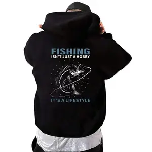 Men's Fishing Hoodie-Heavy Pullover Sweater with Fishing Pattern Printed on the Back, Soft Texture Fisherman Hooded Jacket, Machine Washable Outdoor Clothing-Ideal Gift for Fishermen-Kangaroo Pocket, Long Sleeve Casual Fishing Travel Wear