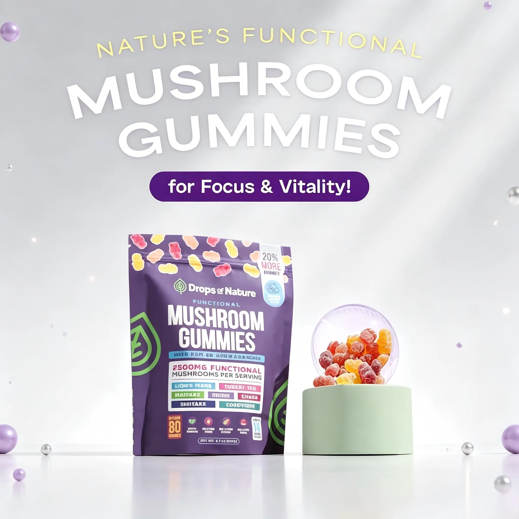 Drops Of Nature Mushroom Gummies | Ashwagandha KSM-66, Lion's Mane, Shiitake, Turkey Tail, Reishi, Maitake, Chaga, Cordyceps | Vegan Mushroom Supplement | Mixed Fruit, 80 Gummies