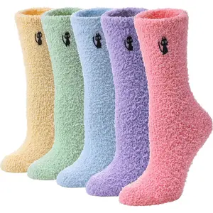 5 pairs of candy colored women's coral fleece socks with cat embroidery, super soft and plush comfortable home sleeping socks, winter warm slippers socks