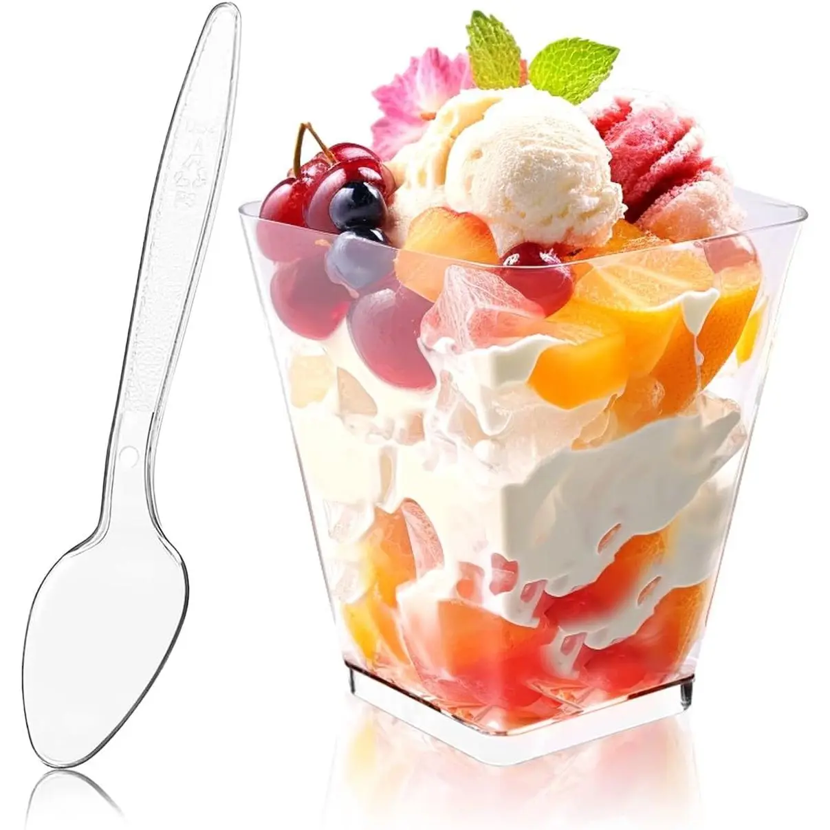 50Pack 5oz Square Plastic Dessert Cups with Spoons  Reusable Clear Parfait Appetizer Mini Party Trifle Shooter Serving Shot Glasses for Tasting