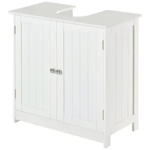 24" White Bathroom Floor Cabinet - Under-Sink 2-Door Unit with Shelves for Towel, Cleaner Storage & Pipe Concealment, Ideal for Small Spaces, Powder Rooms