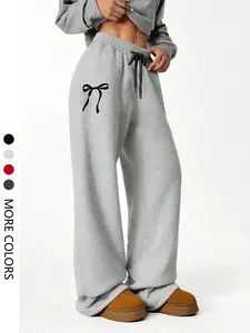Women's Casual Loose-Fit Long Pants Trouser, Bow Print, Daily Fashion, Loungewear, Womenswear, Versatile Home & Outdoor Wear, All Seasons Comfortable Fit, Casual Fashion Trousers, Bottoms