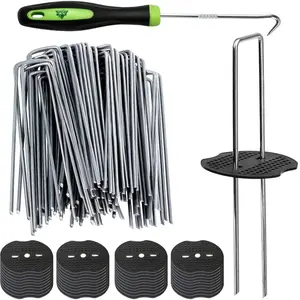 100Pcs Garden Stakes Staples + 100Pcs Gasket, Bakulyor 6 Inch 11 Gauge U-Shaped Galvanized Landscape Pins, Heavy Duty Yard Ground Pins for Weed Barrier Sod Fabric Decorations