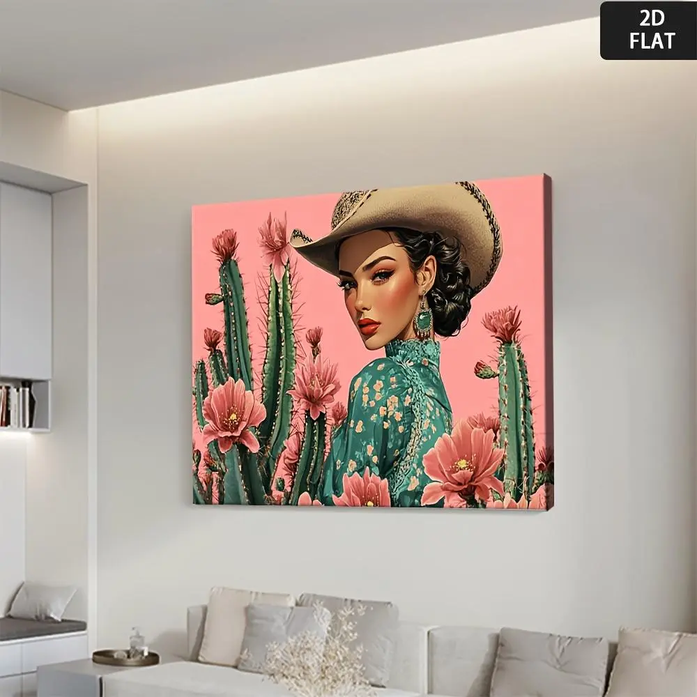 2D Flat Vintage Wild West Fashion Portrait Canvas Poster - Frameless, Soft Color Wall Art for Living Room, Bedroom, Office - Modern Art Decor with Cactus & Floral Design, Wrapped Canvas, Perfect for Home & Classroom, Western Home Decor	