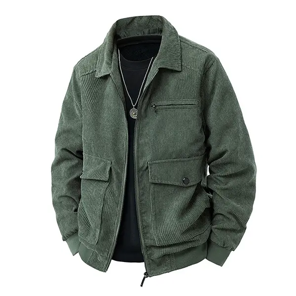 Men's military green corduroy loose jacket - features a lapel design, zipper closure, and patch pockets; perfect for outdoor recreation and everyday wear during cool weather