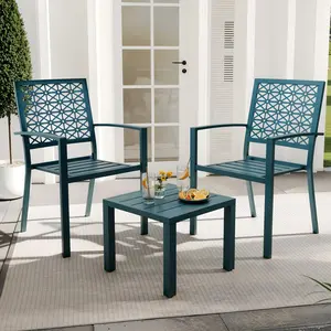 Stackable Outdoor Bistro Set – 3 Piece Metal Garden Sofa Group with Coffee Table & 2 Chairs, Modern Small Patio Furniture for Balcony, Porch, Apartment, Deck, or Backyard