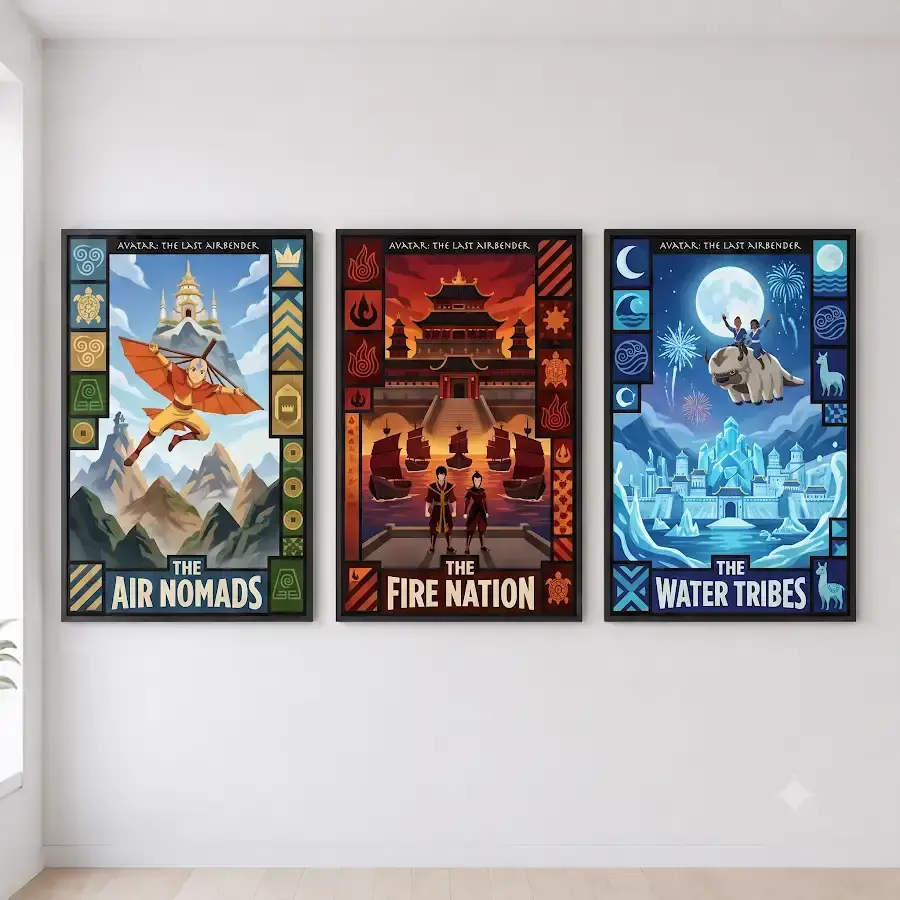 Avatar The Last Airbender Elemental Nations 3 Piece Set, Air Nomads Fire Nation Water Tribe Vintage Travel Poster