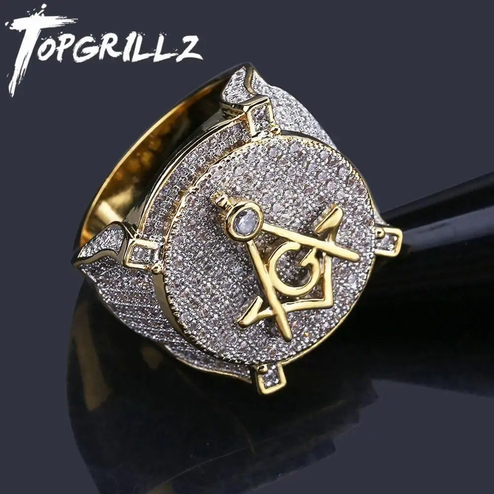 Men's Hip Hop Jewellery Gold-Plated Brass Iced Out Micro Pave Cubic Zircon Masonic Ring Charm, Size 7-11, Ideal Gift for Men, Iced Out Rings, Pave Rings